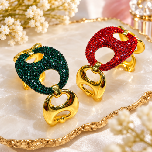 18k gold coloured stainless steel rhinestone-encrusted anchor link cuff bracelets